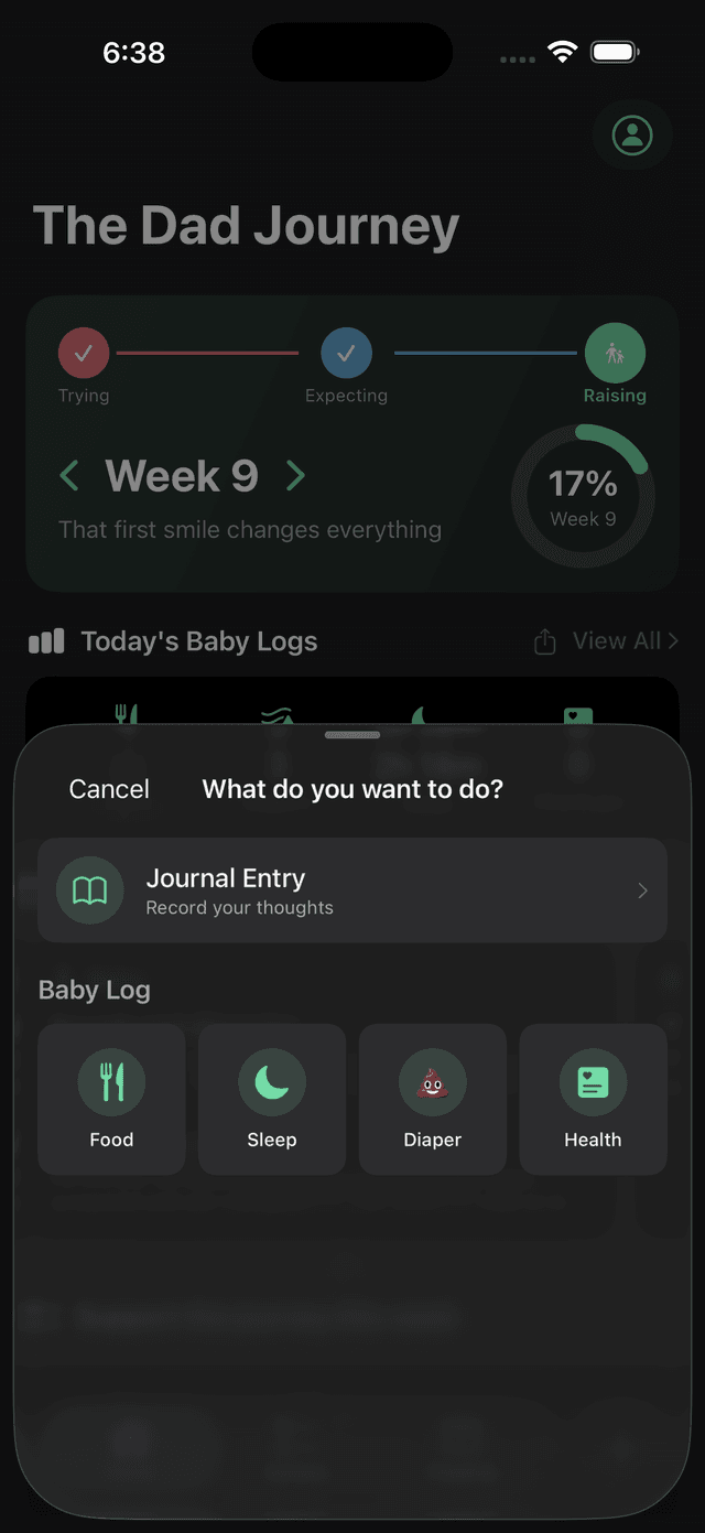 Dad Suite baby tracker showing feeding, sleep, diaper, and health logs