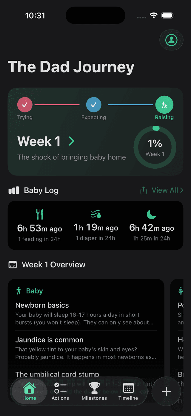 Dad Suite home screen showing time since the last feeding, diaper, and sleep