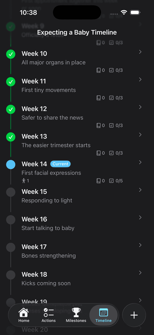 Dad Suite timeline showing week-by-week pregnancy progress